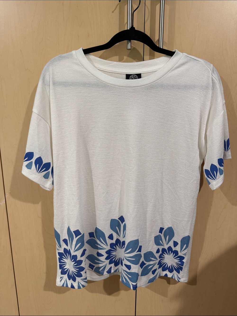 Women's White Short-Sleeve Tee with Blue Floral Border
